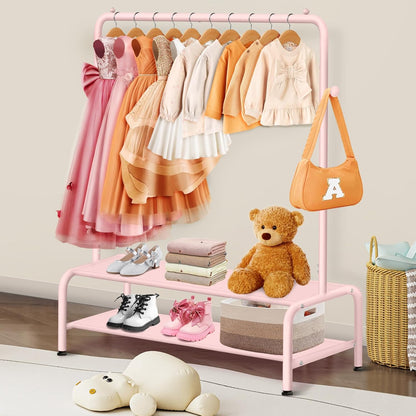 Mirolam Kids Clothing Rack - Dress Up Storage for Little Girls - Small Costume Wardrobe with 2 Fabric Shelves | Princess Room Decor