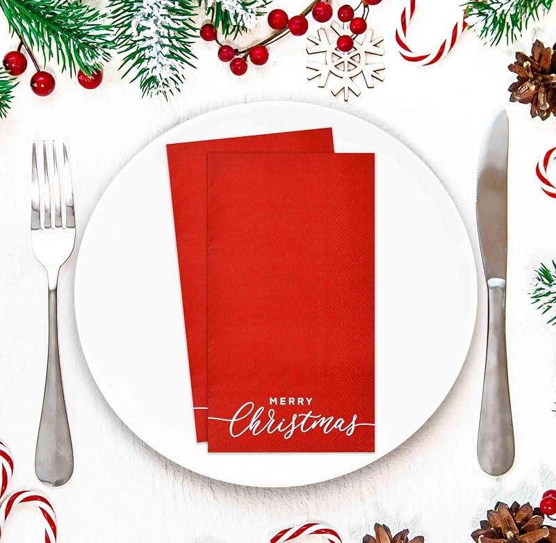 Merry Christmas Guest Napkins Disposable Paper (100) 7.5 x 4.25 in – Red Holly Design
