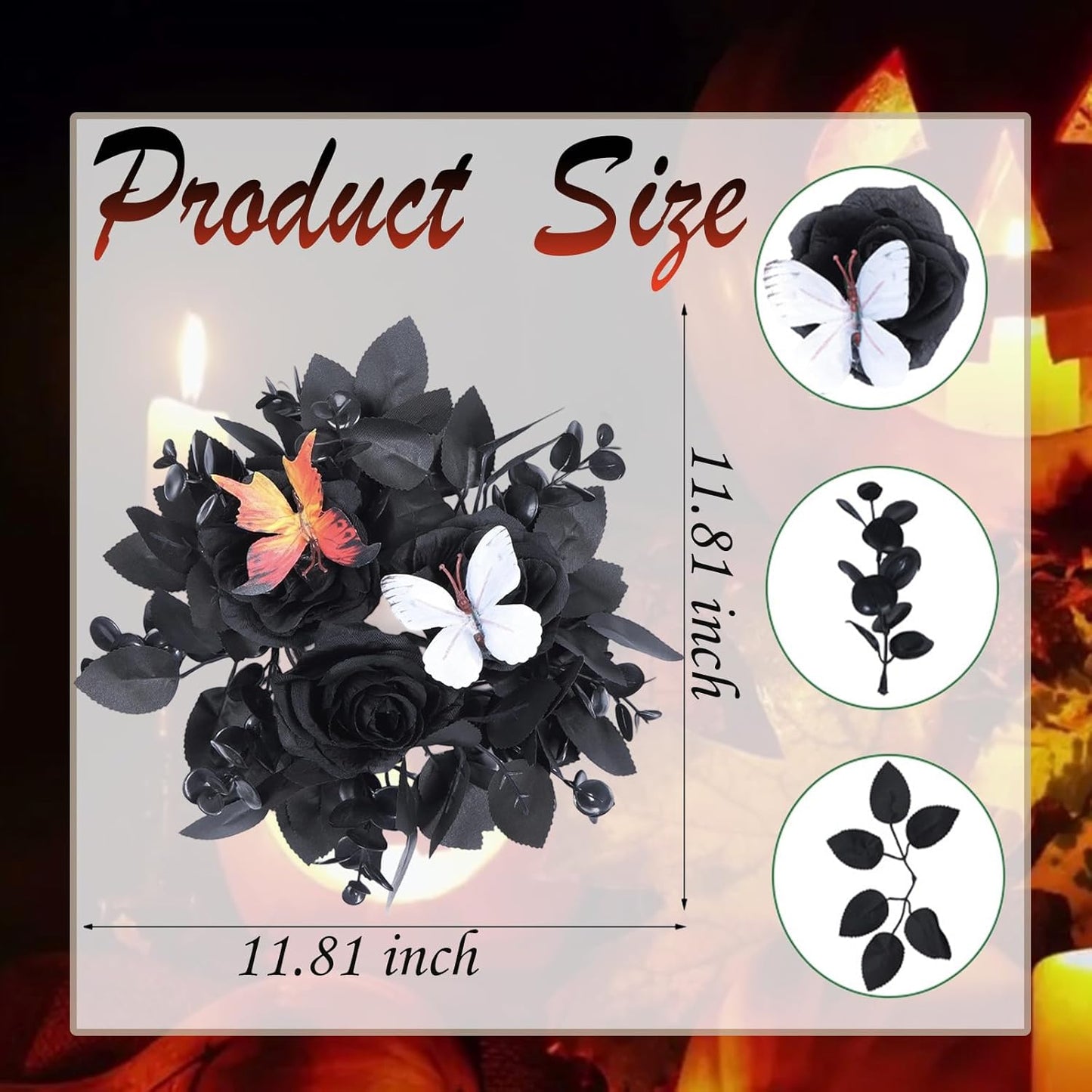 Regine Switzerland Gothic Rose Candle Ring Wreath - Black Floral with Butterfly & Artificial Leaves for Home Decor