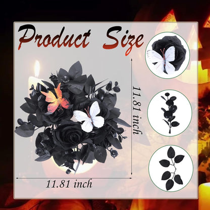 Regine Switzerland Gothic Rose Candle Ring Wreath - Black Floral with Butterfly & Artificial Leaves for Home Decor
