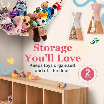 Lilly's Love Stuffed Animal Hammock - Corner Hanging Organizer & Toy Storage Net | Holds 12lbs | 67"x47"x47" (White, 2 Pack)