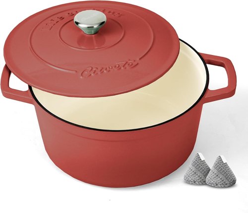 Ciwete Enameled Cast Iron Dutch Oven - 4.4 Quart Heavy-Duty Pot with Lid & Potholders - Ideal for Baking, Braising & Roasting - Oven Safe up to 500°F - Red