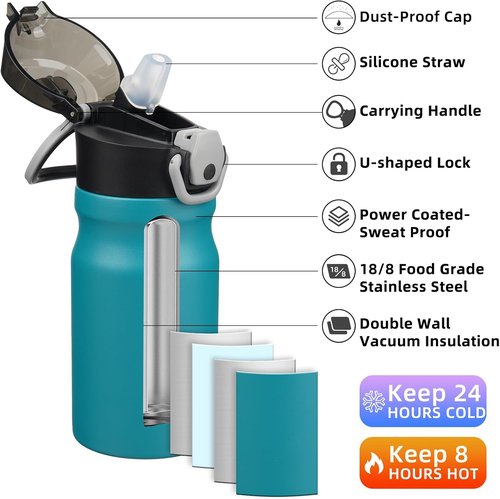 BJPKPK Stainless Steel Insulated Water Bottle - 14oz Reusable Thermal Flask with Straw Lid | Keeps Drinks Hot or Cold, Laguna