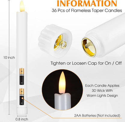 Reginary Flameless Taper Candles - 10 Inch Battery Operated LED Candlesticks | 36 Pieces White for Christmas & Weddings