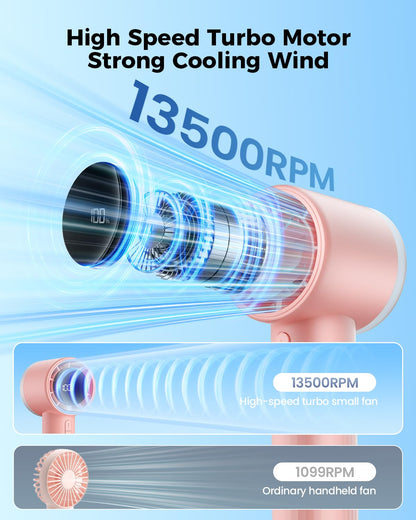 SWEETFULL Portable Handheld Fan Rechargeable - 6 Gear High Speed Powerful Mini Turbo Fan with Flashlight, Digital Display, Personal Fans Blow Cold Air for Travel Essentials, Gift for Women Men (Pink)