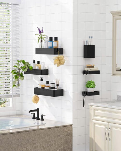 Kitsure Shower Caddy Adhesive - No-Drill Bathroom Organizer with Soap Holder & Hooks | Large Black 6-Pack