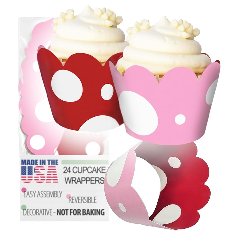 Cupcake Wrappers 24 Count Reversible Pink & Red Dots - Adjustable, Wedding & Baby Shower