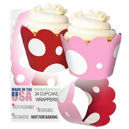 Cupcake Wrappers 24 Count Reversible Pink & Red Dots - Adjustable, Wedding & Baby Shower