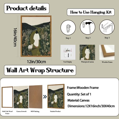 Framed Jesus Wall Art - Leaves the 99 Sheep Canvas Print | Christian Decor for Living Room, Bedroom, Church - 12x16 Inch