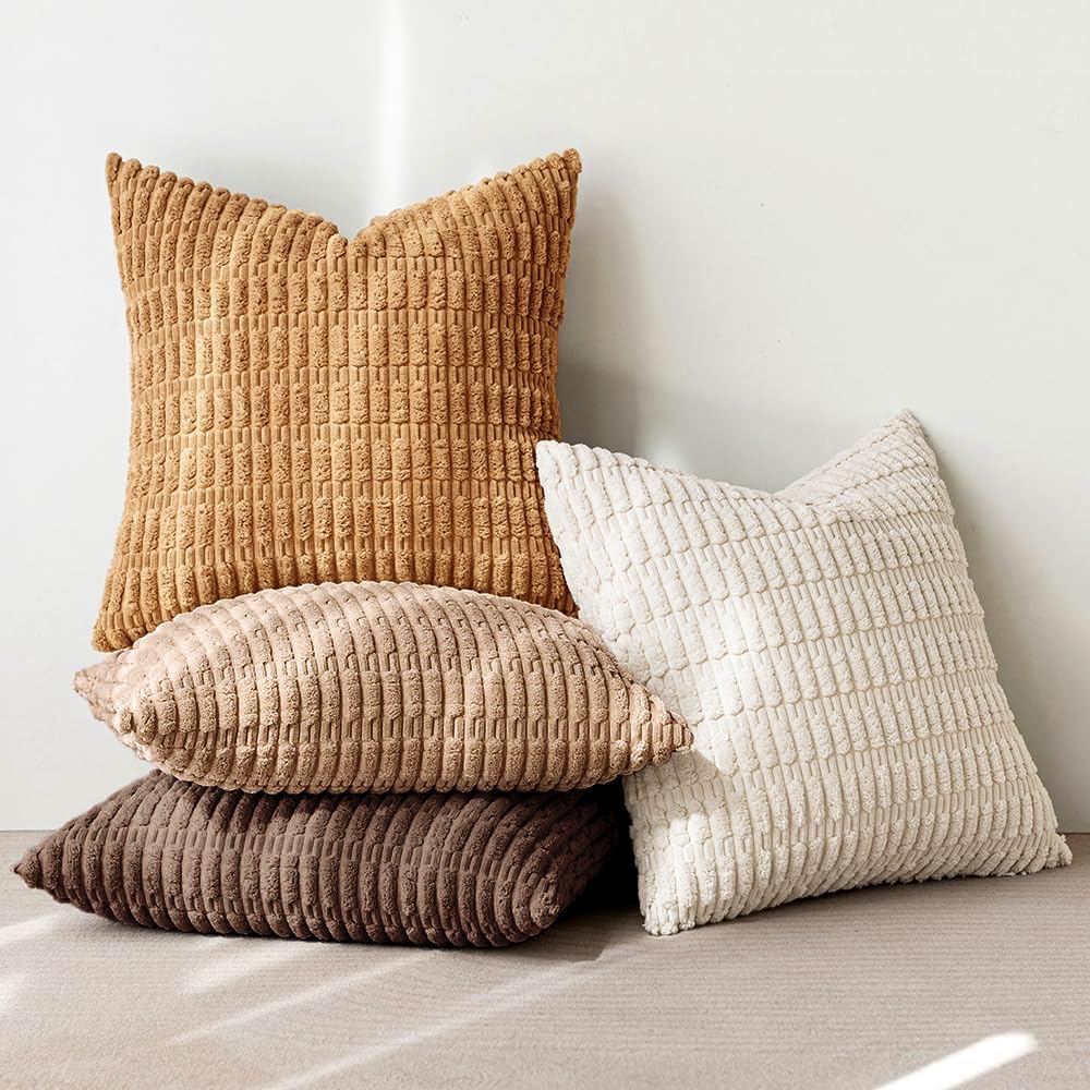 MIULEE Decorative Throw Pillow Covers - Pack of 4 Neutral Corduroy 18x18 Inch | Rustic Boho Home Decor in Brown