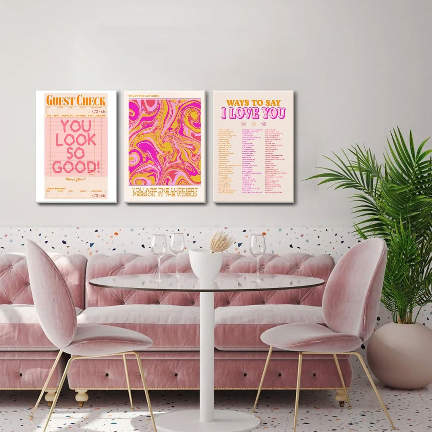 Pink Wall Decor - Abstract Canvas Art Set of 3 | Unique Love-Inspired Prints for Teen Girls | Framed 12x16''
