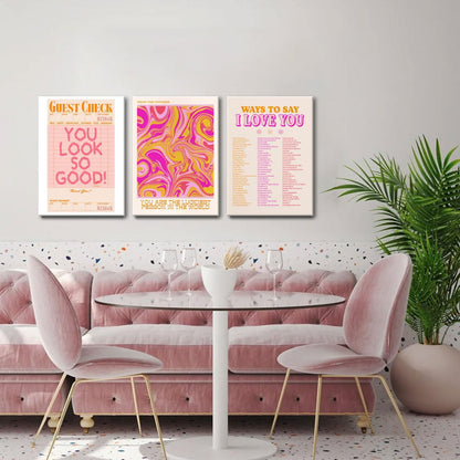 Pink Wall Decor - Abstract Canvas Art Set of 3 | Unique Love-Inspired Prints for Teen Girls | Framed 12x16''
