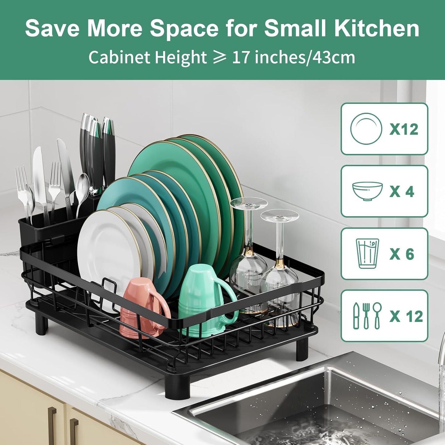 MOUKABAL Stainless Steel Dish Drying Rack - Removable Utensil Holder & Drainboard | Black, 13"W x 17"L