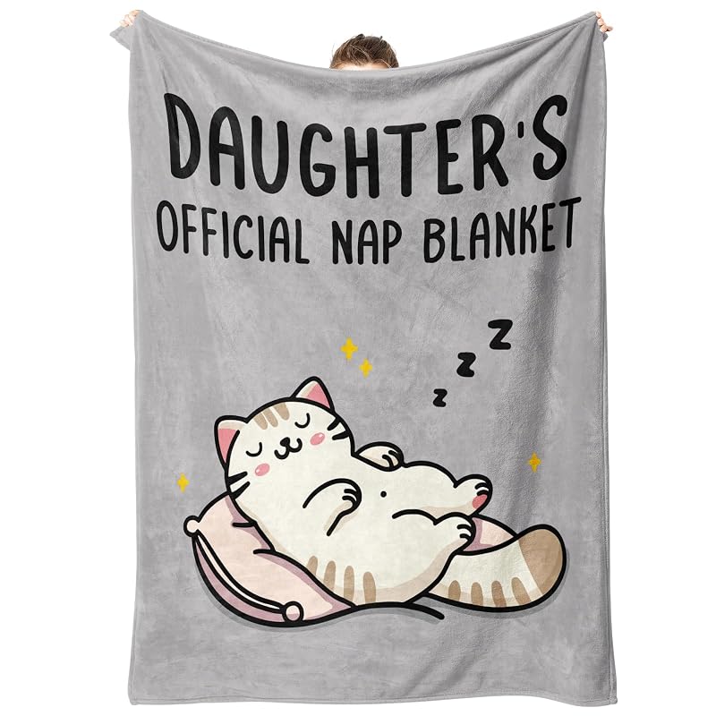 Daughter Nap Blanket - Grey 60x50 in | Cozy Flannel Fleece Throw with Sleepy Cat Design