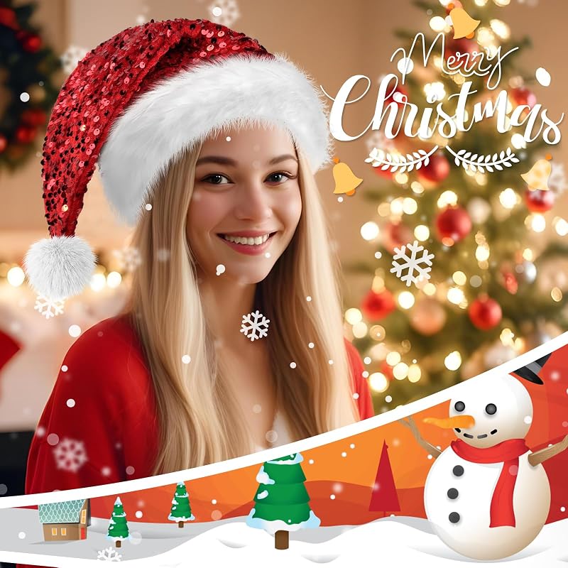 Dolkoic Red Sequin Santa Hat for Adults - Plush Christmas Party Hat