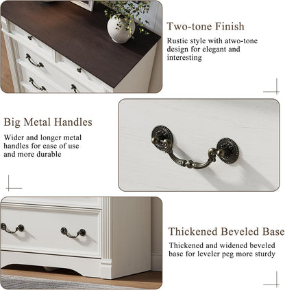 Regine Switzerland White 6-Drawer Dresser - Rustic Tall Chest with Chic Wood Pilasters | 47” Bedroom Organizer