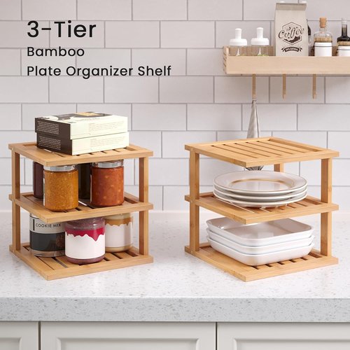 Bamboo Corner Shelf - 3 Tier Kitchen Cabinet Organizer for Plates & Dishes | Natural Finish, 2 Pack