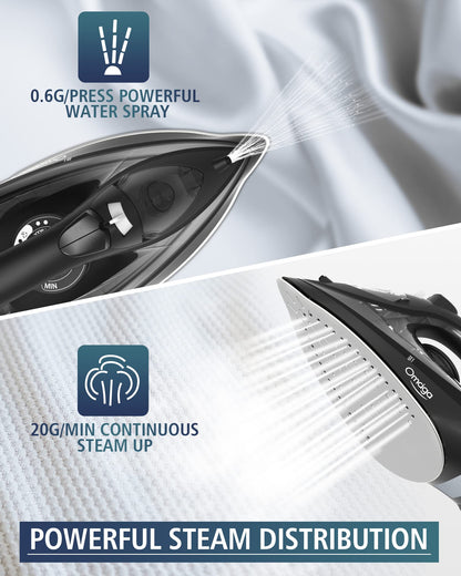 OMAIGA Steam Iron for Clothes, 1500W Iron with Rapid Heating, Non-Stick Ceramic Soleplate, Burst of Steam, Self-Cleaning, Auto-Off, Anti-Drip, 11.84oz Water Tank Ironing Clothes for Home, Black