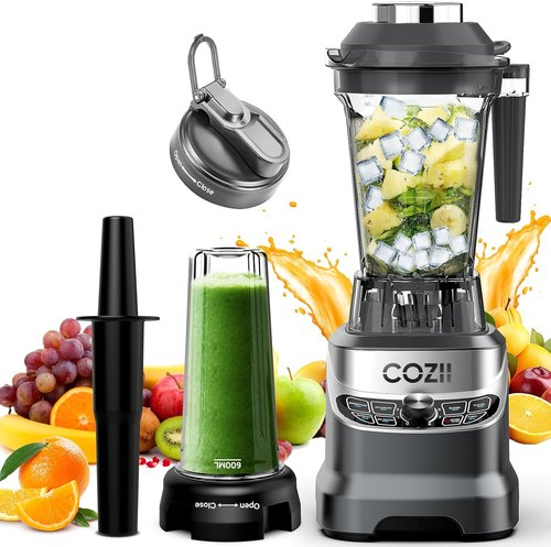 COZII 2000W Professional Kitchen Blender - Smoothies, Ice Crushing & Nut Milk | 64oz Pitcher & 21oz To-Go Cup, Dark Grey