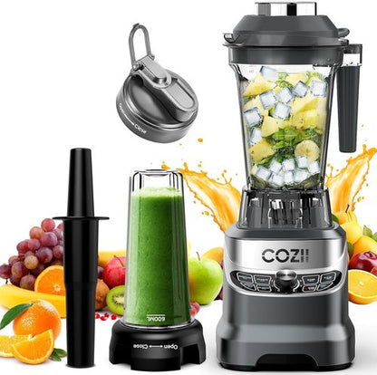 COZII 2000W Professional Kitchen Blender - Smoothies, Ice Crushing & Nut Milk | 64oz Pitcher & 21oz To-Go Cup, Dark Grey
