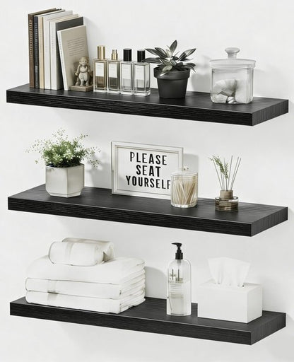 Duvique Easy Install Floating Shelves, 15.7 Inch Wall Mounted Wooden Shelf, Small Hanging Shelf for Home Decor, Books and Storage, Organizer for Bedroom, Bathroom, Kitchen, Set of 3, Black