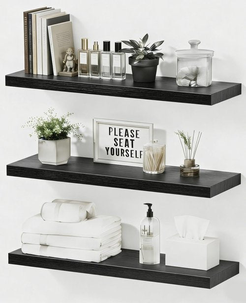 Duvique Easy Install Floating Shelves, 15.7 Inch Wall Mounted Wooden Shelf, Small Hanging Shelf for Home Decor, Books and Storage, Organizer for Bedroom, Bathroom, Kitchen, Set of 3, Black