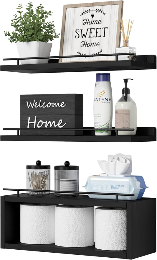 WOPITUES Floating Wall Shelves - Stylish Cube Shelf with Metal Rail for Bathroom Storage | Black
