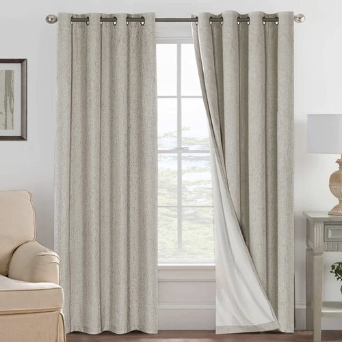H.VERSAILTEX Linen Blackout Curtains 96 Inches, 100% Absolutely Blackout Thermal Insulated Textured Linen Look Curtain Draperies Anti-Rust Grommet with White Liner, 2 Panels, Stone