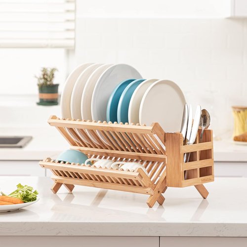 HBlife Bamboo Dish Rack - 2-Tier Collapsible Drainer with Utensil Holder Set | Space-Saving Design