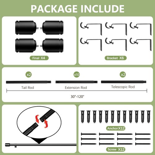 Adjustable Black Curtain Rods by [Brand Name] | 30-120 Inch for Windows | 5/8” Diameter | 2 Pack