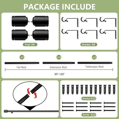 Adjustable Black Curtain Rods by [Brand Name] | 30-120 Inch for Windows | 5/8” Diameter | 2 Pack