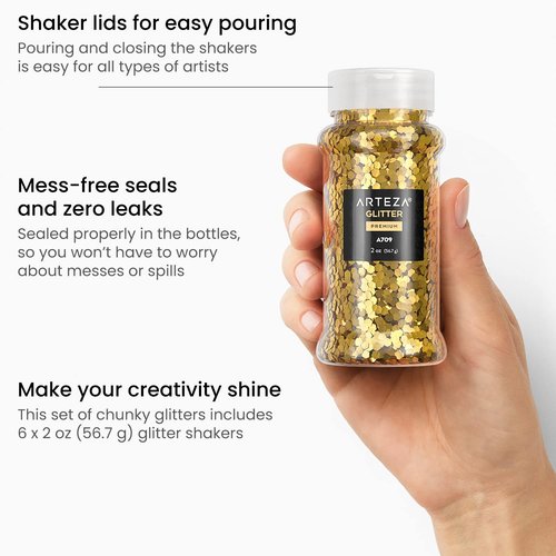 Arteza Chunky Glitter Set, 6 x 2-oz Bottles, Jewel-Toned Glitter for Resin, Glue, Acrylic Paint, Arts and Crafts Supplies for Creating DIY Projects and Holiday Art