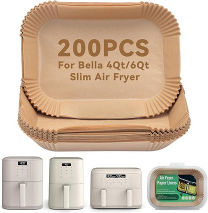 Bella Parchment Paper | 200 Pcs Air Fryer Liners for 4Qt & 6Qt Slim Air Fryers - Non-Stick & Easy Clean