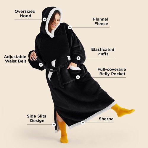 Bedsure Wearable Blanket Hoodie - Cozy Sherpa Sweatshirt for Adults | Perfect Birthday Gift, Black