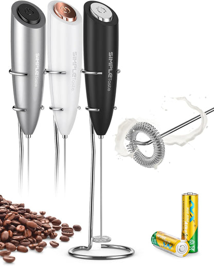 SIMPLETASTE Handheld Electric Milk Frother - Stainless Steel Whisk for Cappuccino & Latte | Black with Stand