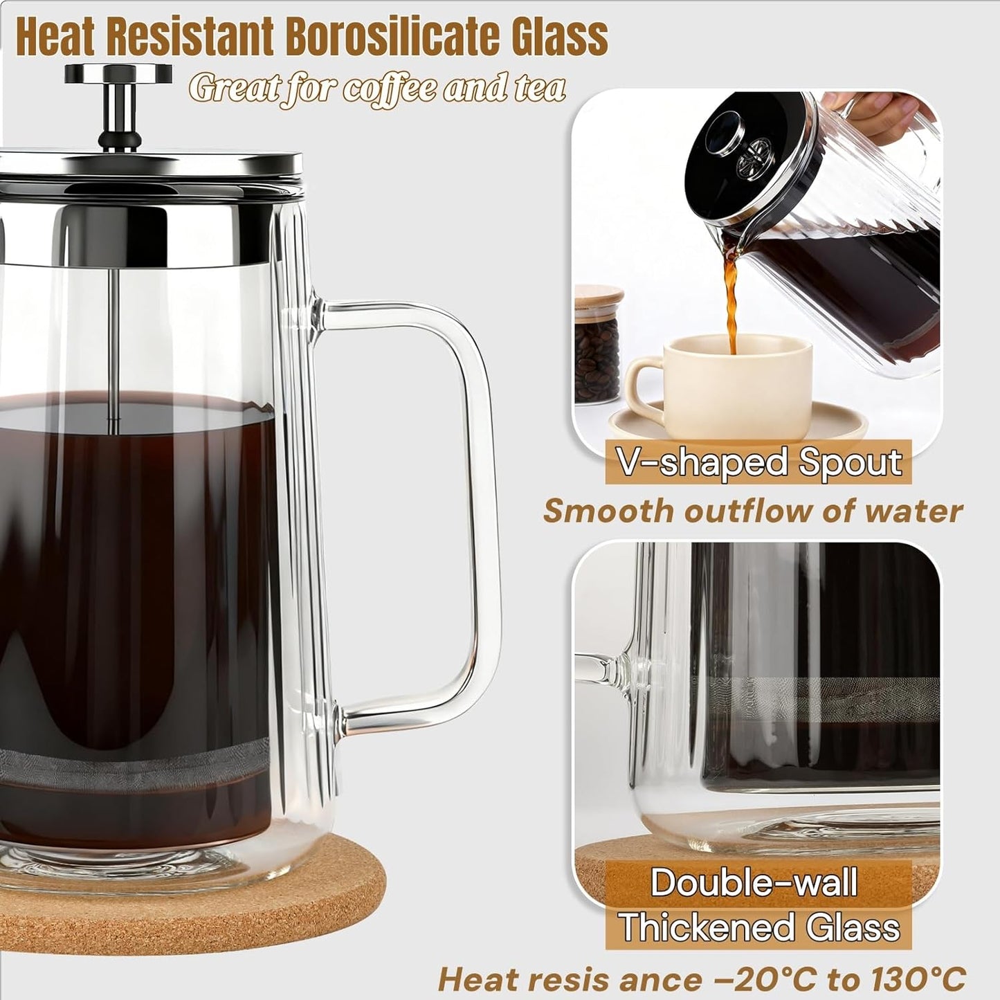 Skiennix Glass French Press Coffee Maker - 34oz Double Wall Borosilicate Glass | Stainless Steel Filtration for Coffee & Tea