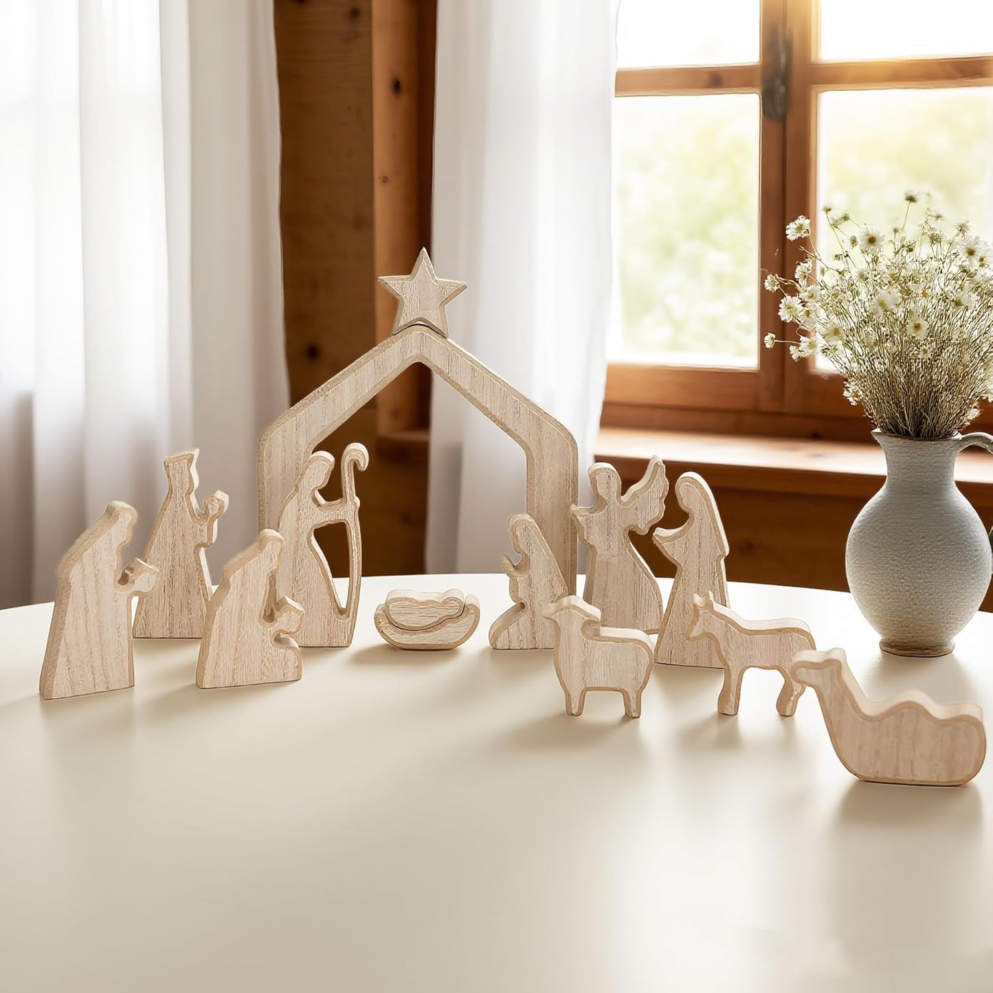 NEROSUN Nativity Scene Set - 13-Piece Wooden Miniature Holy Family Figurines | Minimalist Boho Christmas Decor