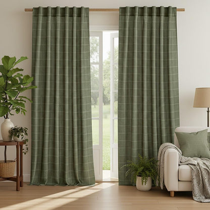 NICETOWN Linen Plaid Curtains Modern Window Panels Moss Green Check Tartan Light Filtering Curtains for Living Room Bedroom, Rod Pocket Back Tab, 2 Panels, 52 inch Wide x 84 inch Long