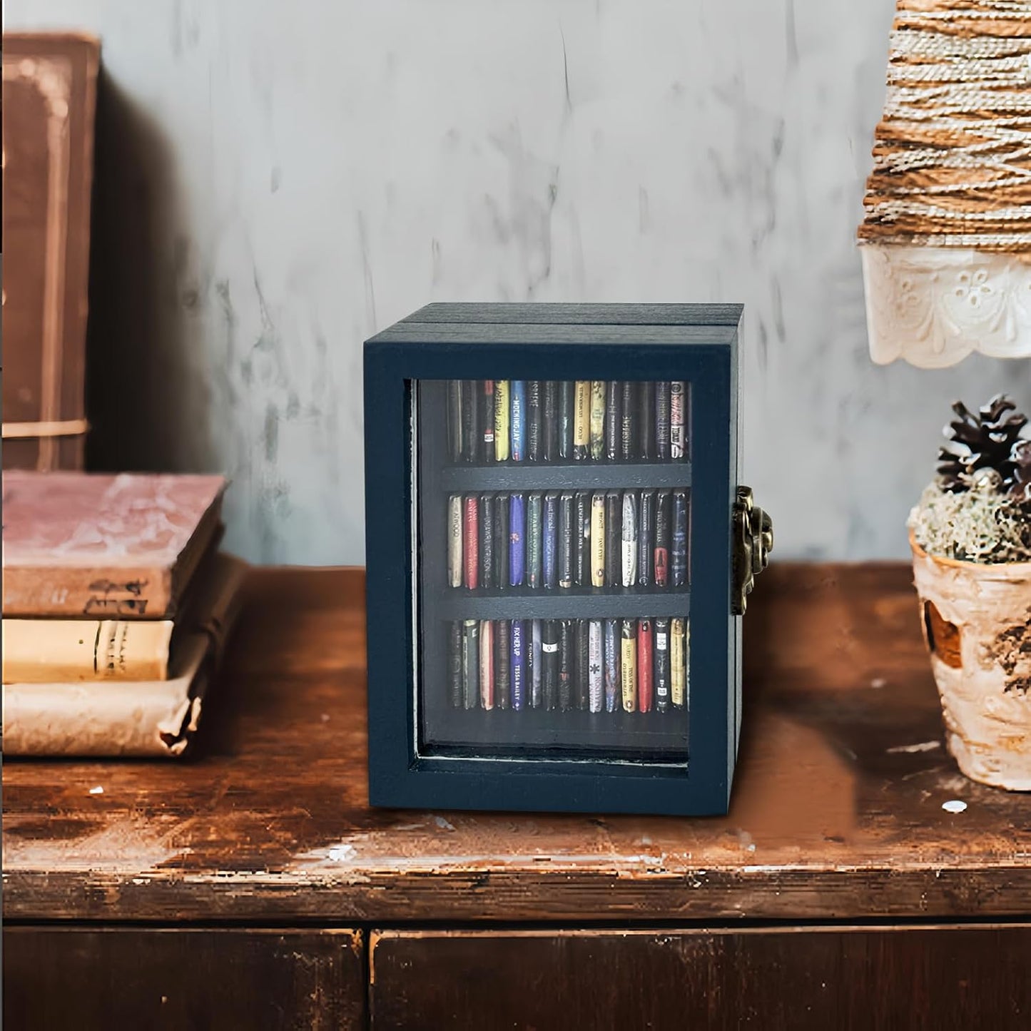 Skiennix Miniature Bookshelf Decor - Anxiety Relief Ornament with 60 Mini Books - Blue