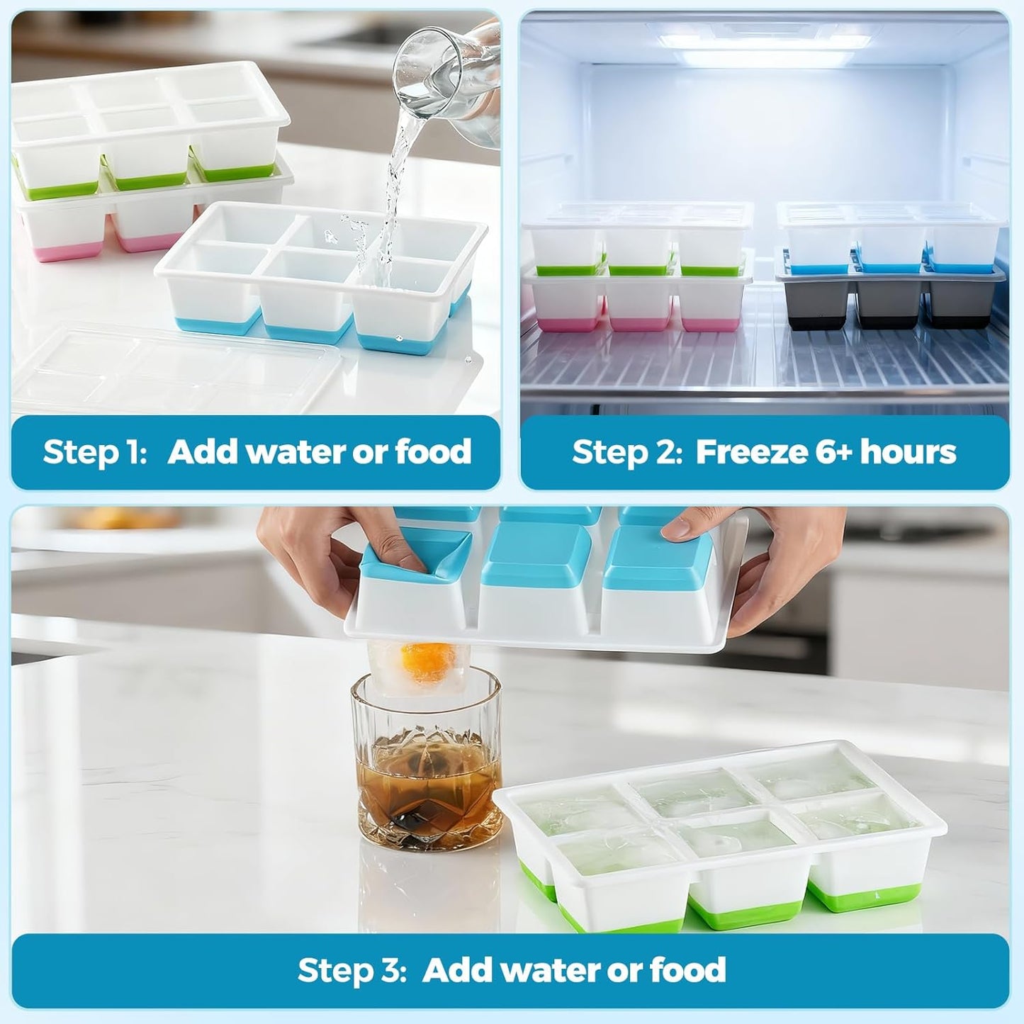 Skiennix Large Ice Cube Trays - Easy Release 2.4" Big Ice Cubes | Stackable Silicone Molds, BPA Free