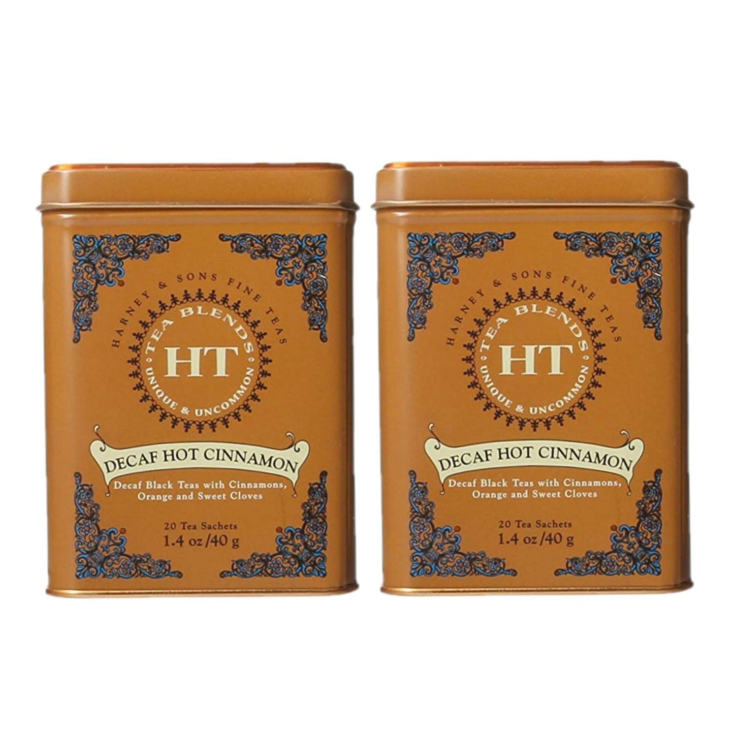 Harney & Son's Decaf Hot Cinnamon Tea Tin 20 Sachets (1.4 oz ea, Two Pack) - Decaffeinated Black Tea Blended with Cinnamon, Orange, and Sweet Cloves - 2 Pack 20ct Sachet Tins (40 Sachets)