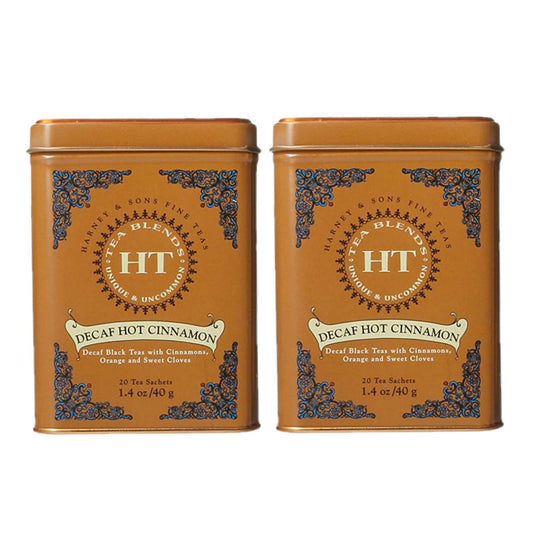 Harney & Son's Decaf Hot Cinnamon Tea Tin 20 Sachets (1.4 oz ea, Two Pack) - Decaffeinated Black Tea Blended with Cinnamon, Orange, and Sweet Cloves - 2 Pack 20ct Sachet Tins (40 Sachets)