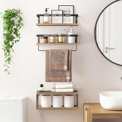 Fixwal Bathroom Shelves - Wall-Mounted Floating Shelves with Metal Frame & Towel Bar | Rustic Brown (3 Plus 1)