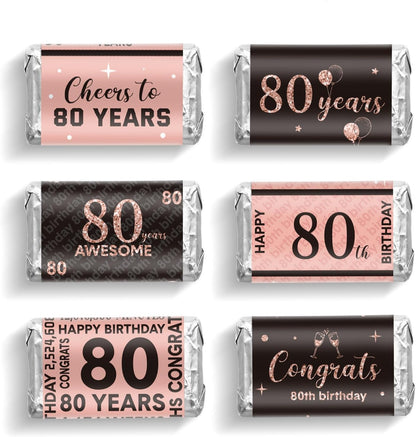 Tenare 90 Pcs 80th Birthday Candy Bar Wrappers - Black & Pink Stickers for Women’s Celebration