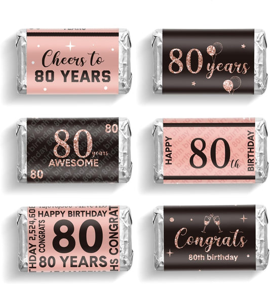 Tenare 90 Pcs 80th Birthday Candy Bar Wrappers - Black & Pink Stickers for Women’s Celebration