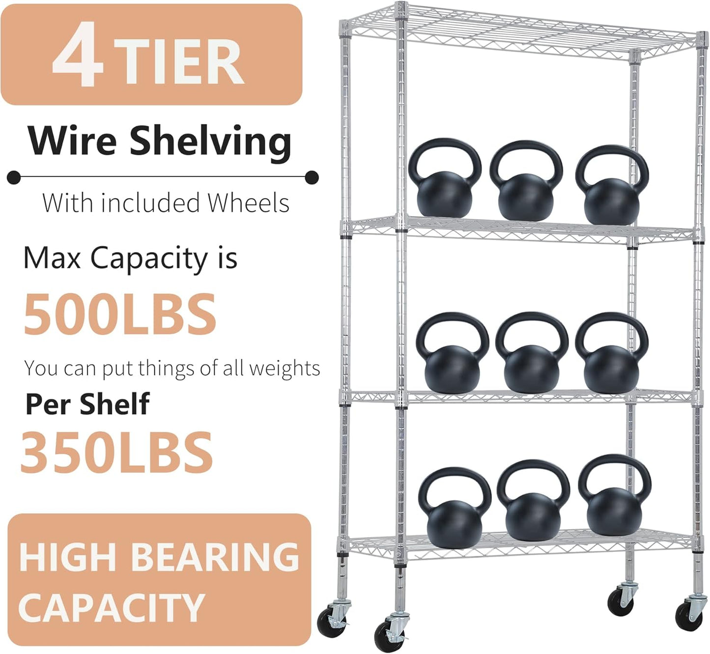 BestOffice 4-Tier Wire Storage Shelves with Wheels - Heavy-Duty Metal, Adjustable Racks | 36x14x62 | Chrome Finish, Holds Up to 500 lbs | Easy No-Tool Assembly for Home & Garage