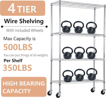BestOffice 4-Tier Wire Storage Shelves with Wheels - Heavy-Duty Metal, Adjustable Racks | 36x14x62 | Chrome Finish, Holds Up to 500 lbs | Easy No-Tool Assembly for Home & Garage
