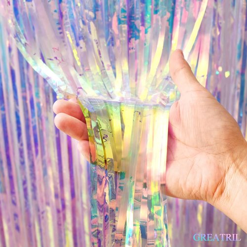 GREATRIL Iridescent Foil Fringe Curtains - 2 Pack with Pink Party Table Cloths for Stunning Backdrop Decor