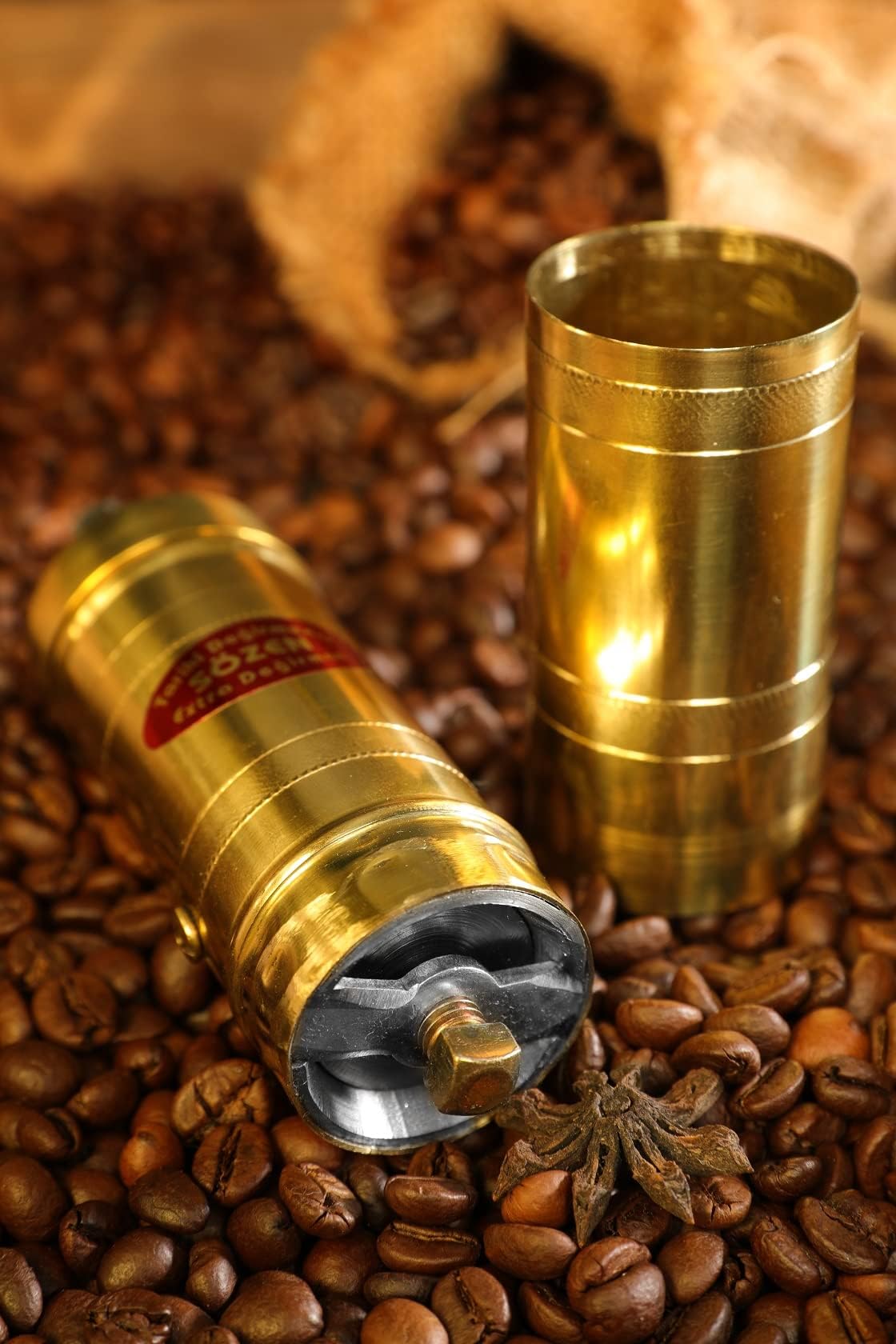 Sozen 7" Handmade Manual Brass Coffee Mill Grinder, Adjustable Portable Conical Burr Mill, Hand Crank Grinder for Turkish Coffee