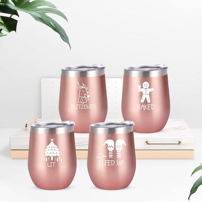 Qtencas 12 Oz Stainless Steel Christmas Wine Tumbler Set with Spoon - 4 Pack, Rose Gold